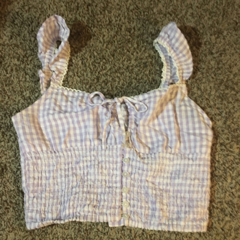 Purple and white crop top with ruffles
